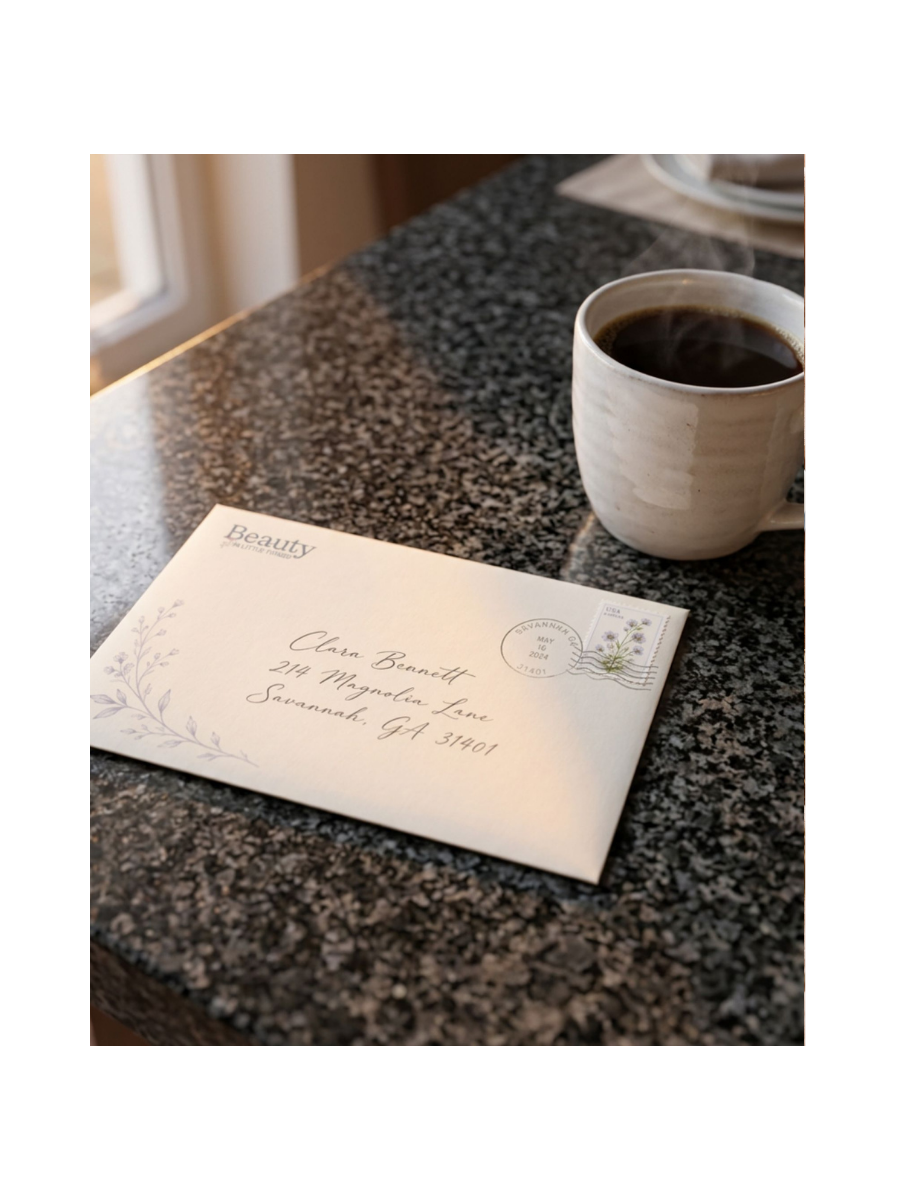 Addressed Beauty in Little Things envelope beside a cup of coffee