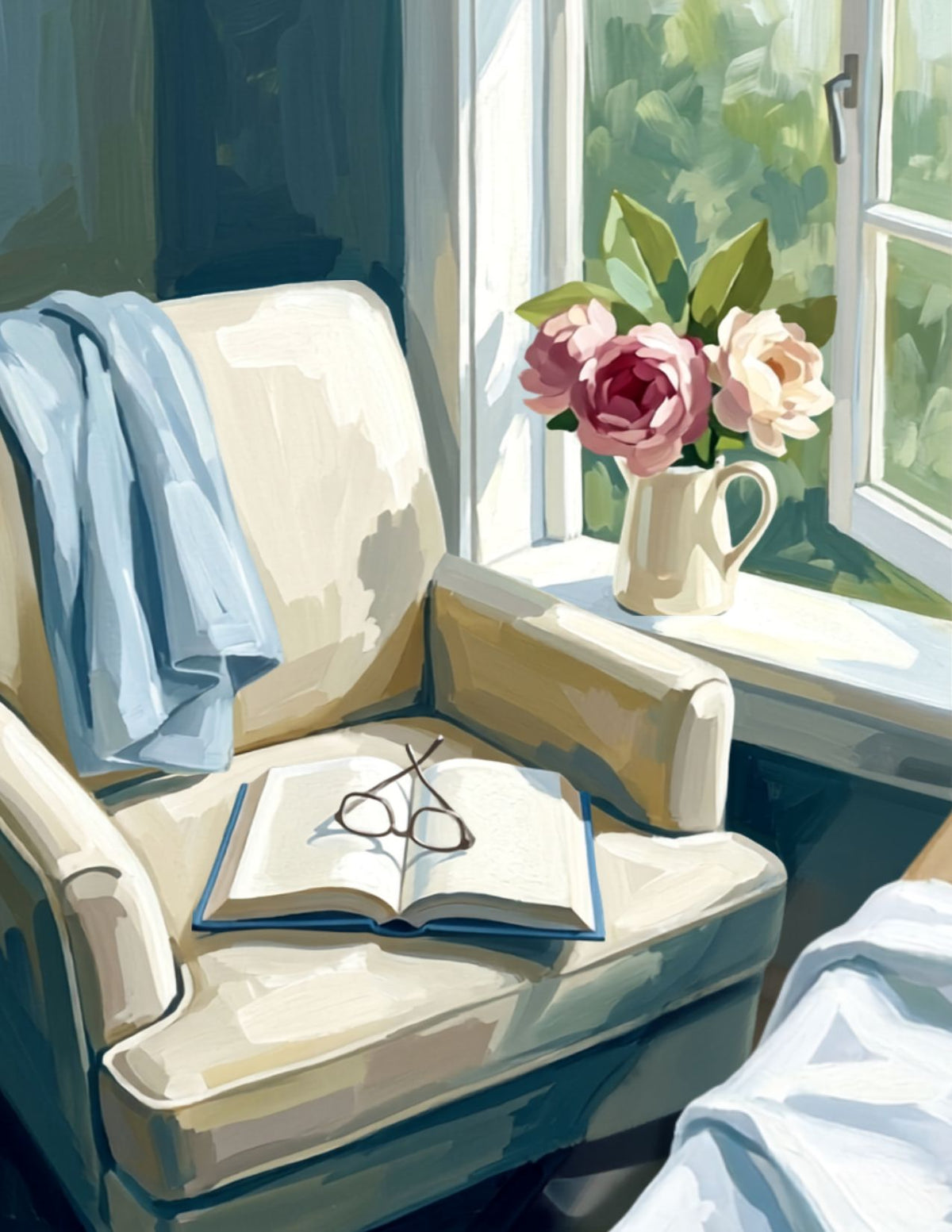 Painted armchair by a sunny window with an open book, eyeglasses, and flowers