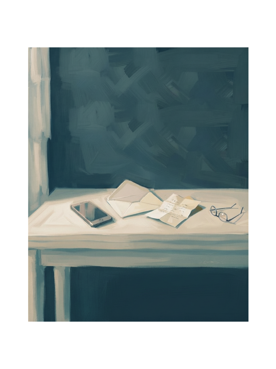 Still life painting of a phone, open notebook, folded letter, and eyeglasses on a table