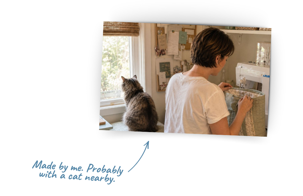 Dana sewing at a machine with a cat sitting nearby