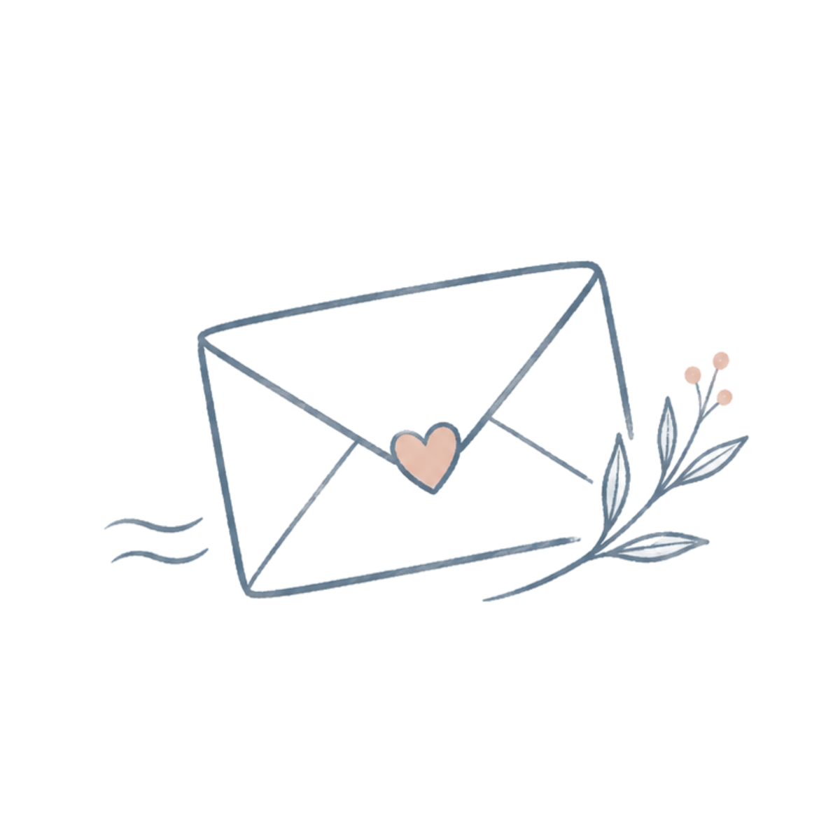 Line-art envelope with a heart seal and delicate leafy sprig