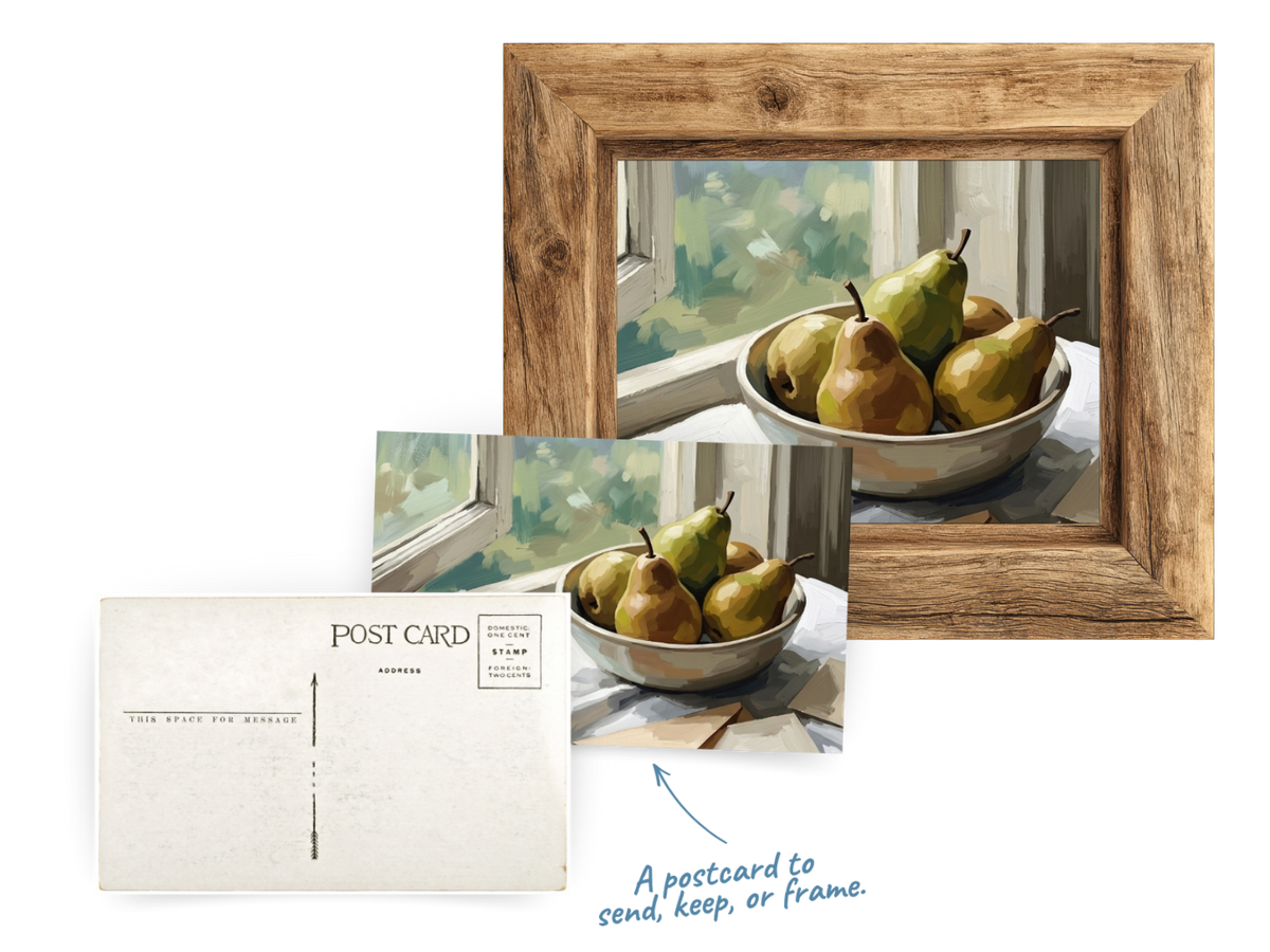 Framed pear art print with matching postcard