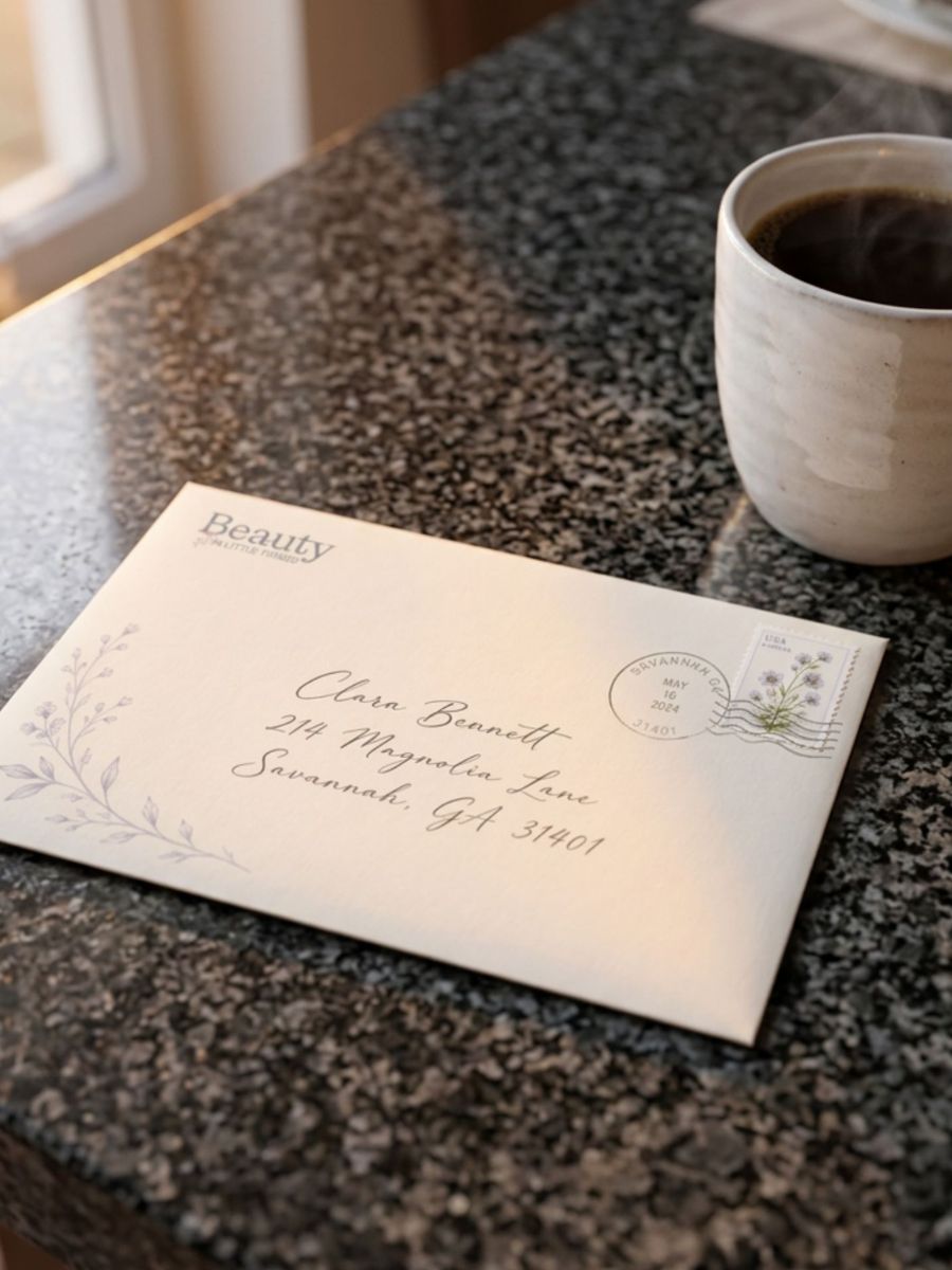 Addressed Beauty in Little Things envelope beside a cup of coffee