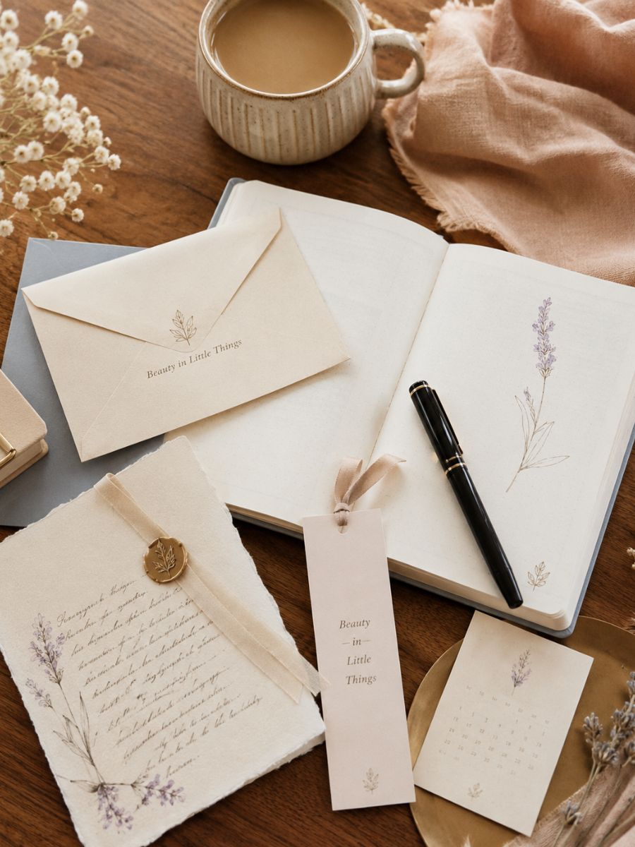 Letter, envelope, bookmark, and paper pieces arranged on a table