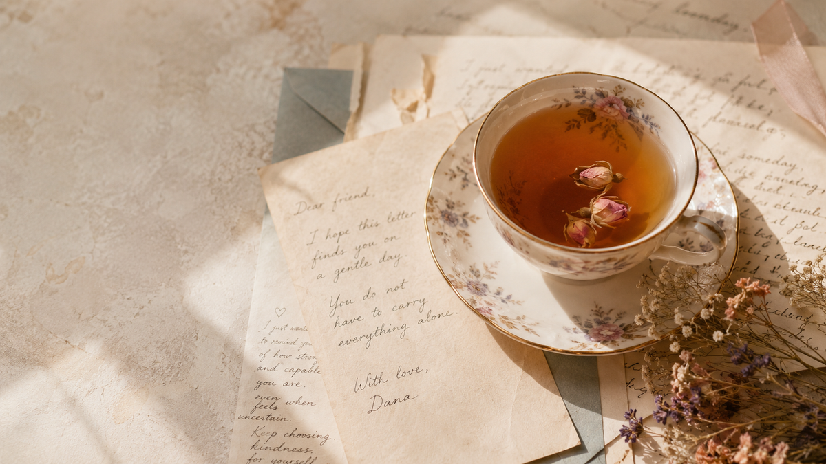Floral teacup beside handwritten letters and dried flowers