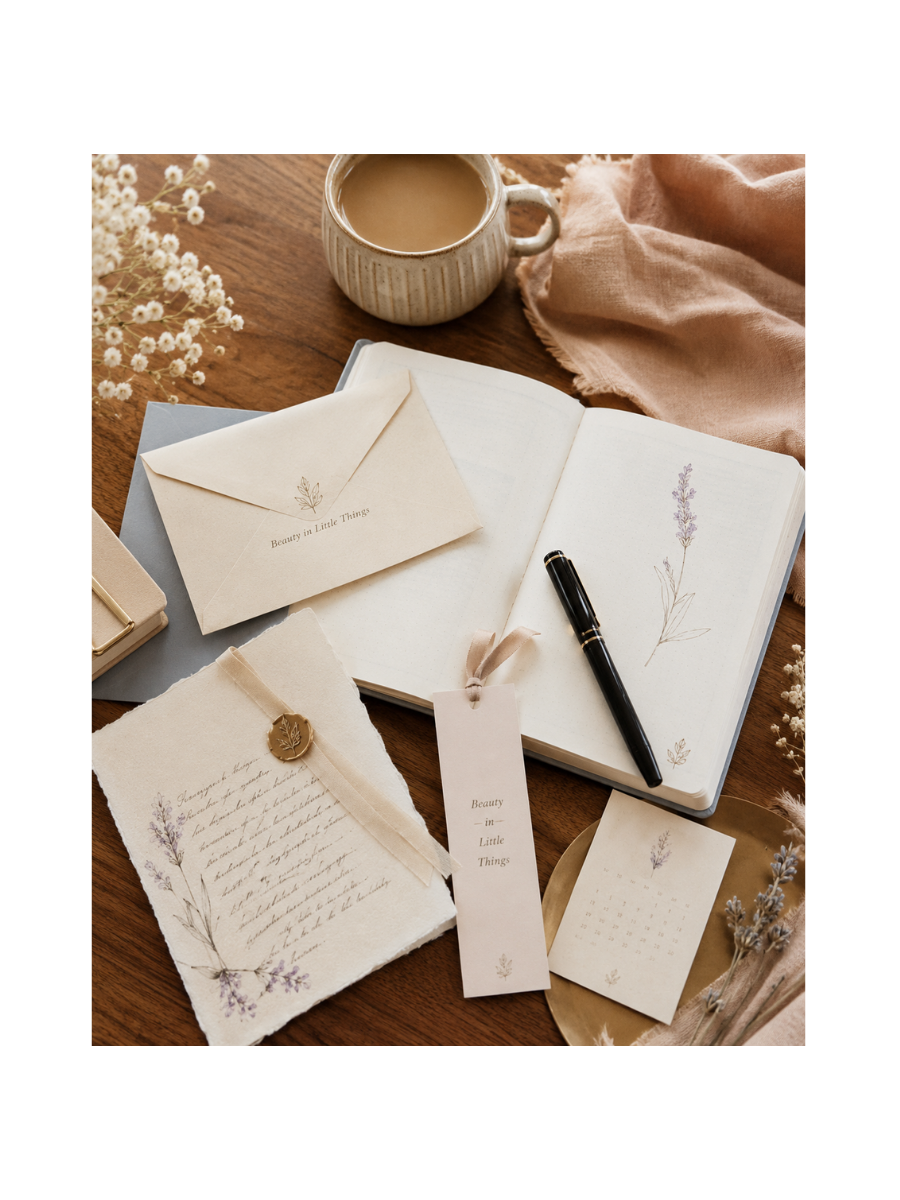 Letter, envelope, bookmark, and paper pieces arranged on a table